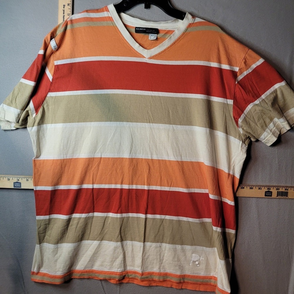 Rocawear Mens 2XL Striped V-Neck T-Shirt Orange Red Tan Short Sleeve Cotton